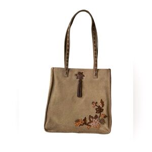 St. John’s Bay Tan Leather Suede Tote Bag with Floral Design